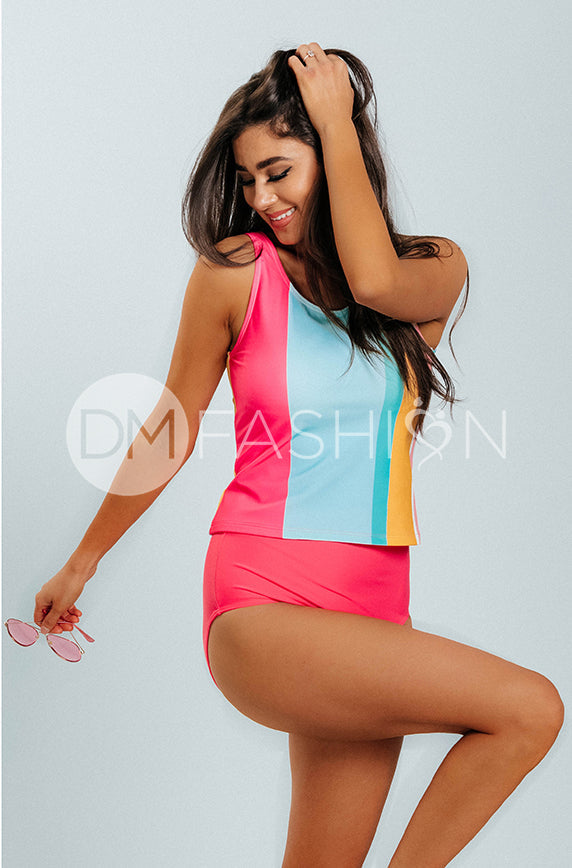 V Back Midkini Top - Tickled Pink Stripes