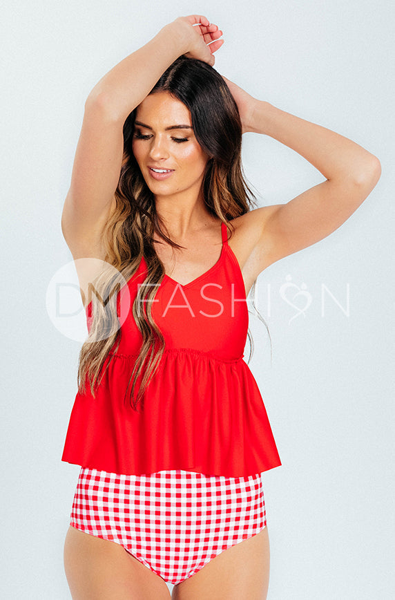 V Peplum Tankini Top - Cherry Red