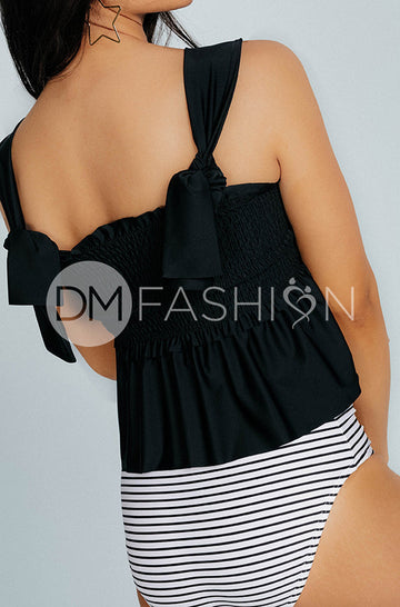 Back Tie Smocked Peplum Top - Black