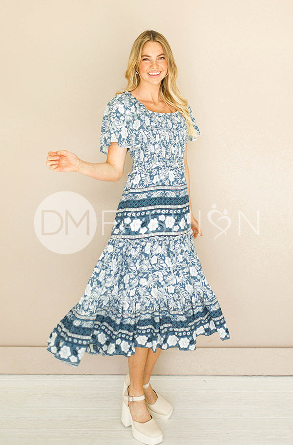 Leilani Teal Hibiscus Smocked Dress - DM Exclusive - Maternity Friendly