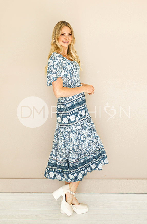 Leilani Teal Hibiscus Smocked Dress - DM Exclusive - Maternity Friendly