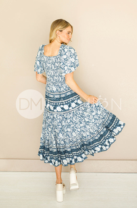 Leilani Teal Hibiscus Smocked Dress - DM Exclusive - Maternity Friendly