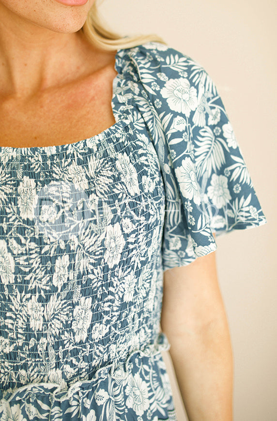 Leilani Teal Hibiscus Smocked Dress - DM Exclusive - Maternity Friendly