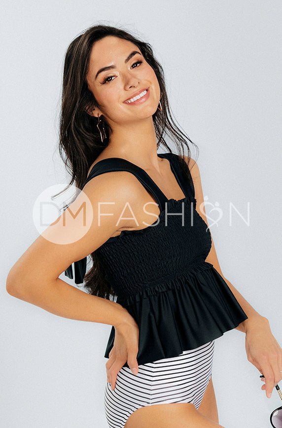 Back Tie Smocked Peplum Top - Black