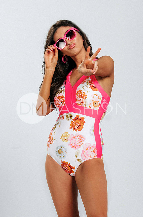 V Neck Color Block One Piece - Peonies - Pink Lemonade