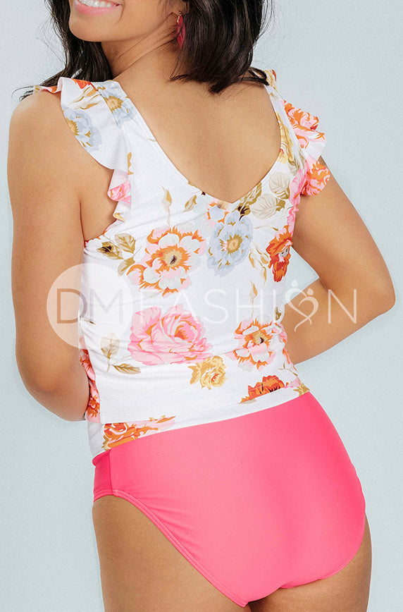 Ruffle V Back Midkini Top - Peonies