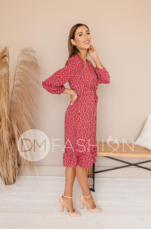 Sansa Red Floral Ruffle Wrap Dress - Maternity Friendly - Nursing Friendly - FINAL SALE