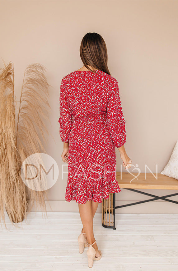 Sansa Red Floral Ruffle Wrap Dress - Maternity Friendly - Nursing Friendly - FINAL SALE