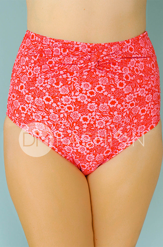 High Waist Front Twist Bottom - Marigold Cherry Red
