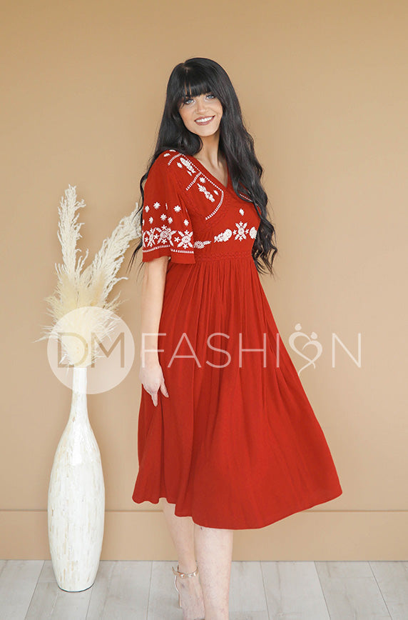 Marlee Brick Embroidery Midi Dress - DM Exclusive - Maternity Friendly - FINAL SALE