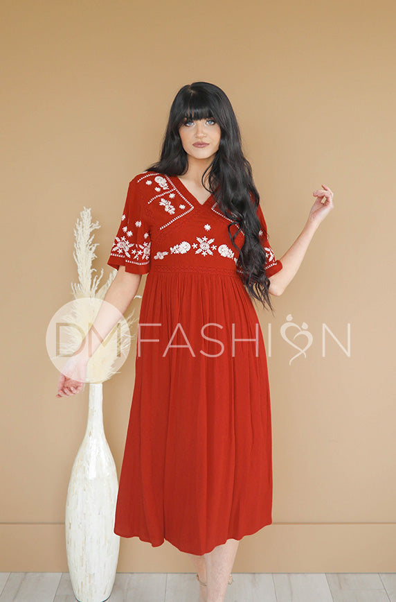 Marlee Brick Embroidery Midi Dress - DM Exclusive - Maternity Friendly - FINAL SALE