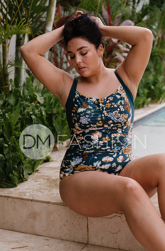 Color Block Ruched Bandeau One Piece - Jardin Du Chateau Teal