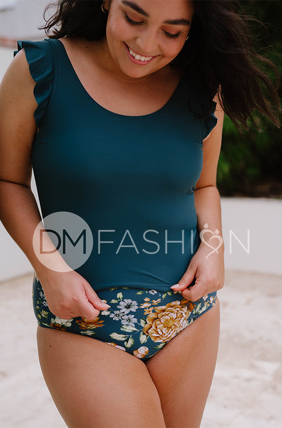 Ruffle V Back Midkini Top - Teal