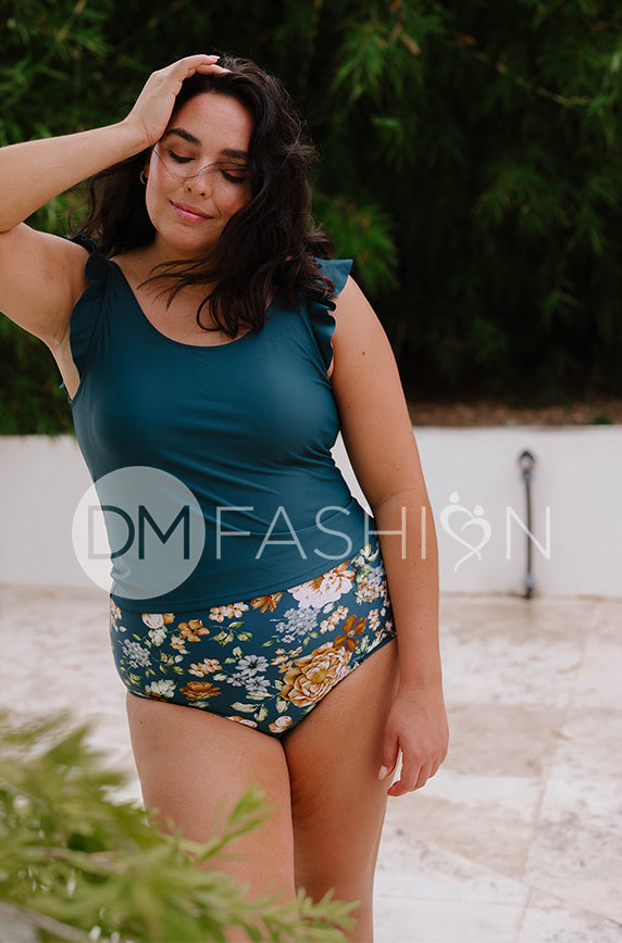 Ruffle V Back Midkini Top - Teal