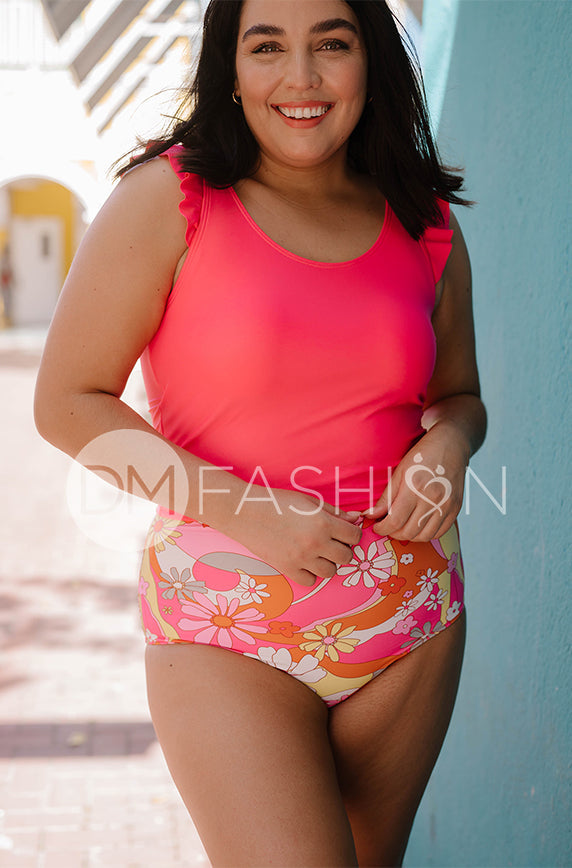Ruffle V Back Midkini Top - Pink Lemonade