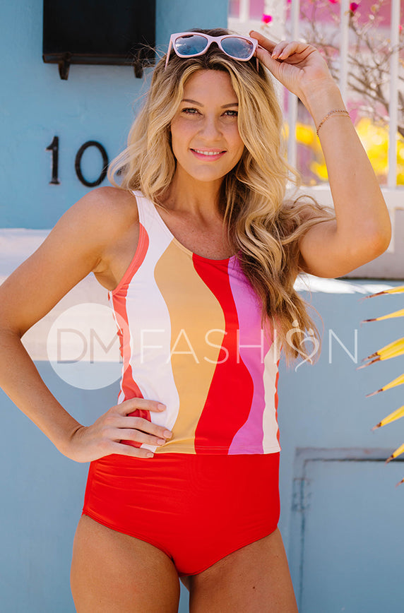 V Back Midkini Top - Large Wave Retro