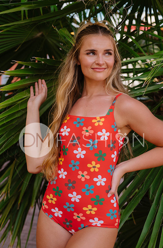 Square Neck Open Back One Piece - Peace N' Love Cherry Red