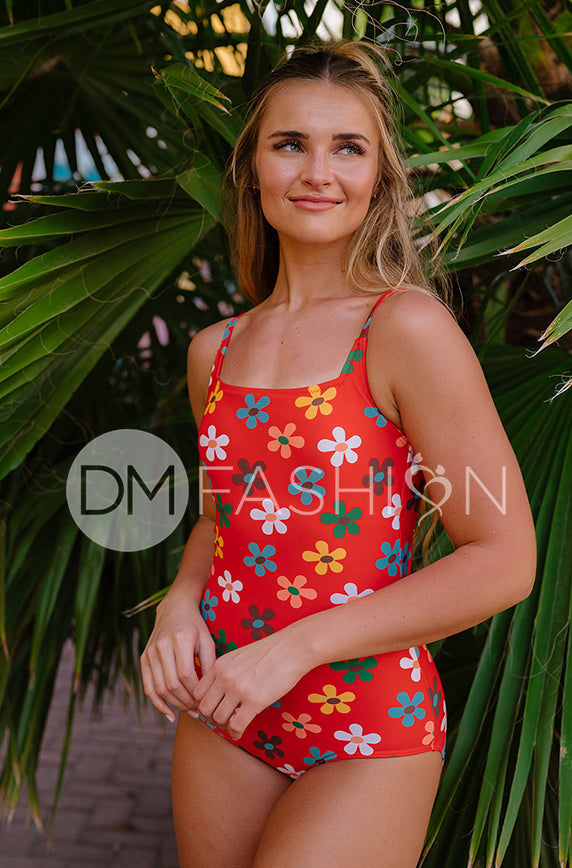 Square Neck Open Back One Piece - Peace N' Love Cherry Red