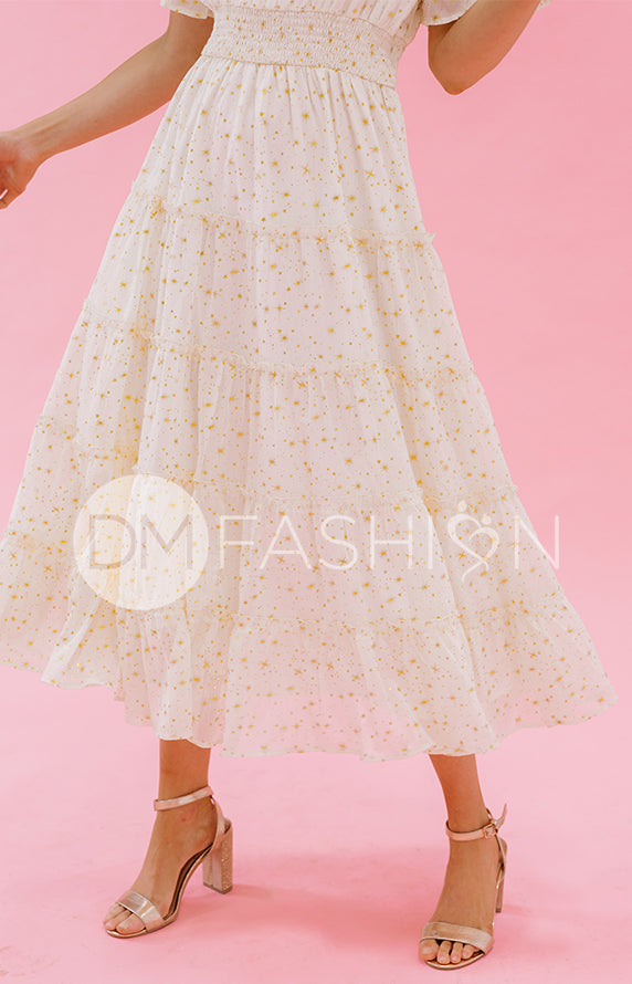 Dakota Cr¨¦me Gold Stars Dress - DM Exclusive - Maternity Friendly- FINAL SALE