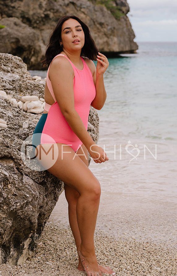 High Neck Contrast Back One Piece - Tropical Ribbed Color Block