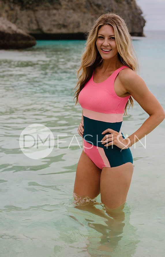 V Back Color Block Midkini Top - Tropical Stripes Ribbed