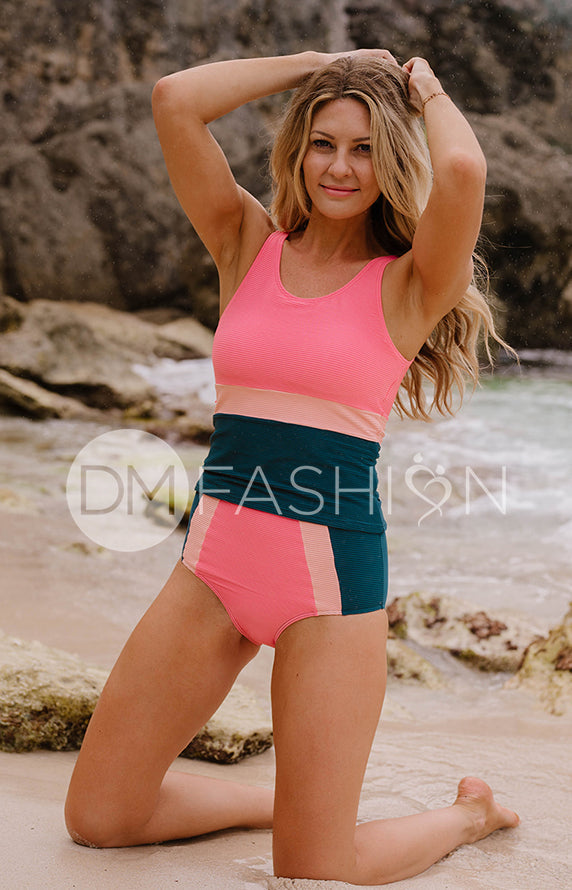 V Back Color Block Midkini Top - Tropical Stripes Ribbed