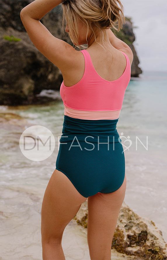 V Back Color Block Midkini Top - Tropical Stripes Ribbed