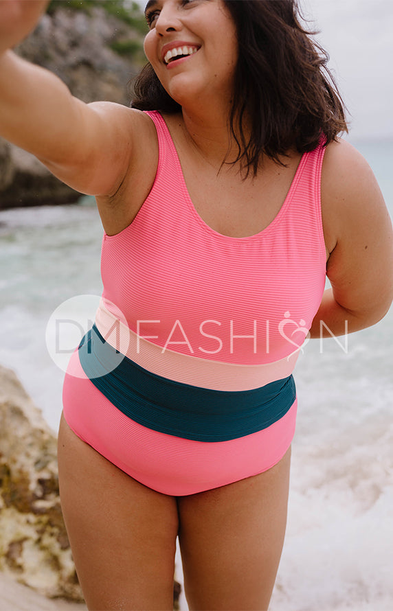 V Back Color Block Midkini Top - Tropical Stripes Ribbed