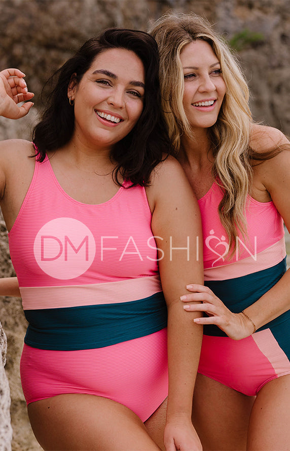 V Back Color Block Midkini Top - Tropical Stripes Ribbed