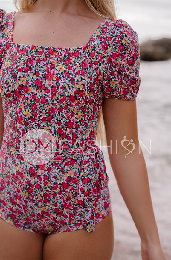 Puff Sleeve Square Neck One Piece - Fleur Sauvage Red - Restocked