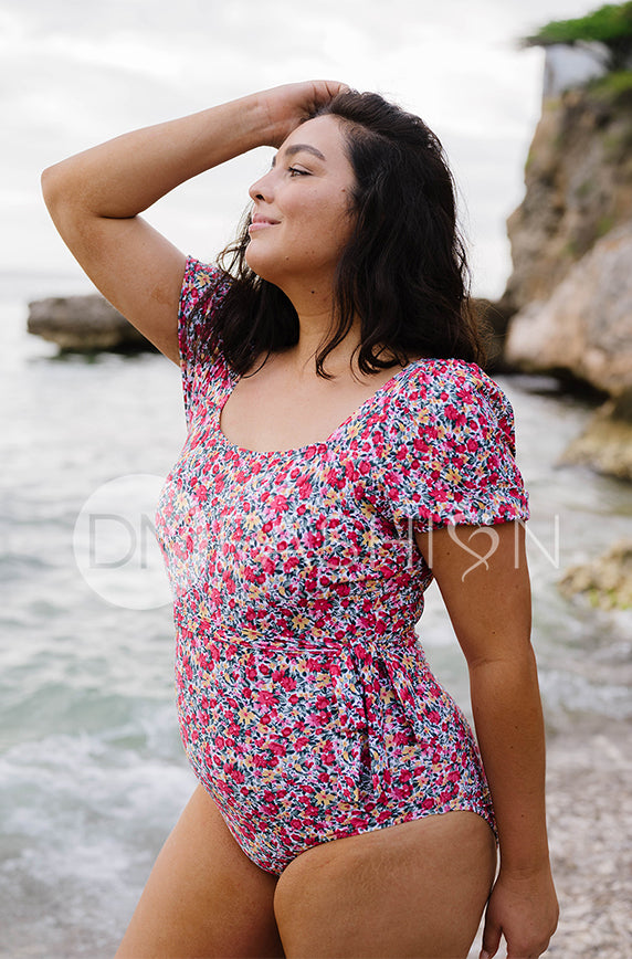 Puff Sleeve Square Neck One Piece - Fleur Sauvage Red - Restocked