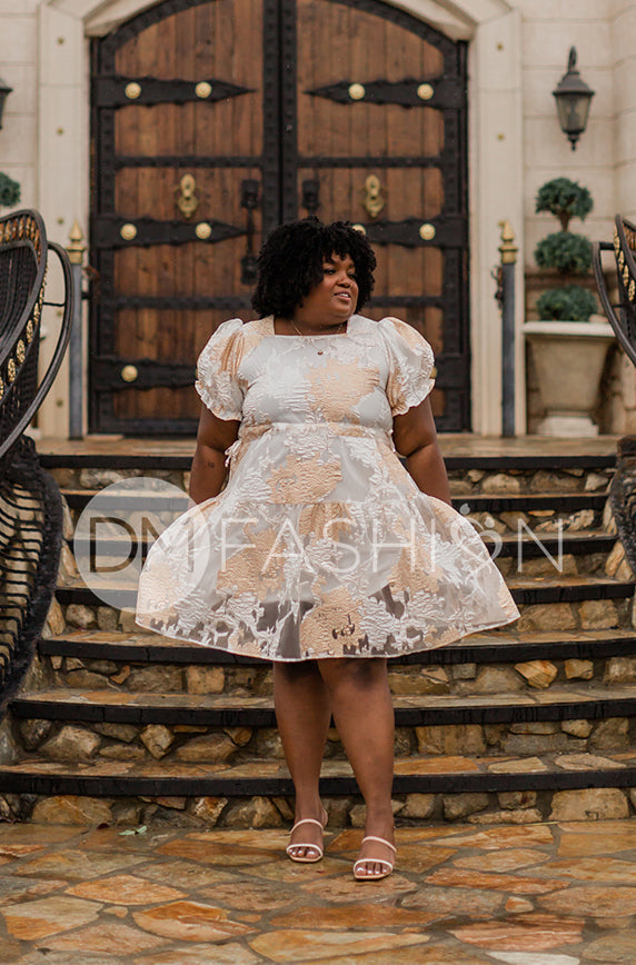 Ellis Jacquard White/Gold Velvet Dress - DM Exclusive - Maternity Friendly - FINAL SALE