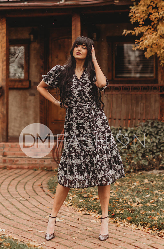 Tara Black Satin Floral Dress ¨C DM Exclusive ¨C Nursing Friendly - Maternity Friendly - FINAL SALE