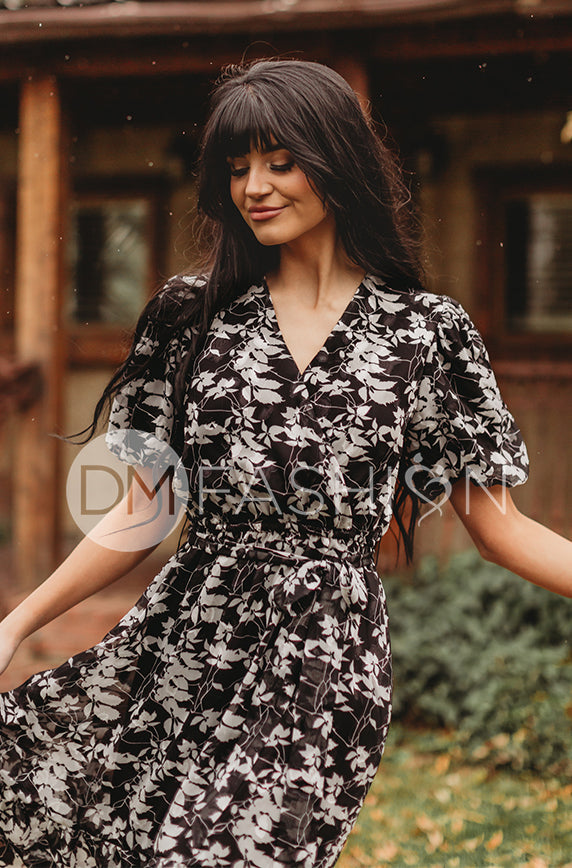 Tara Black Satin Floral Dress ¨C DM Exclusive ¨C Nursing Friendly - Maternity Friendly - FINAL SALE