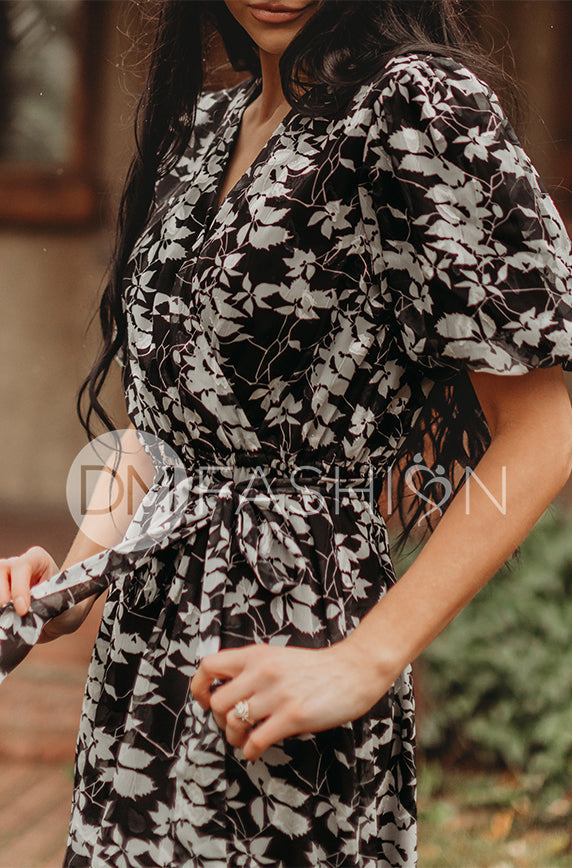 Tara Black Satin Floral Dress ¨C DM Exclusive ¨C Nursing Friendly - Maternity Friendly - FINAL SALE