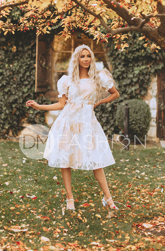 Ellis Jacquard White/Gold Velvet Dress - DM Exclusive - Maternity Friendly - FINAL SALE