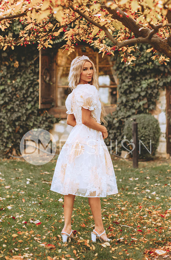 Ellis Jacquard White/Gold Velvet Dress - DM Exclusive - Maternity Friendly - FINAL SALE