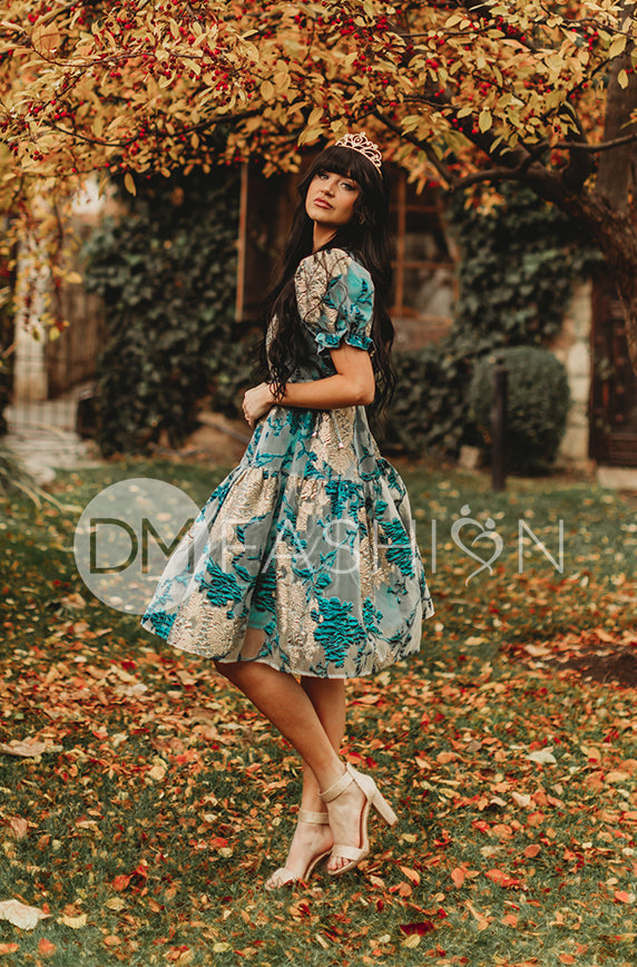 Ellis Jacquard Teal/Gold Velvet Dress - DM Exclusive - Maternity Friendly - FINAL SALE