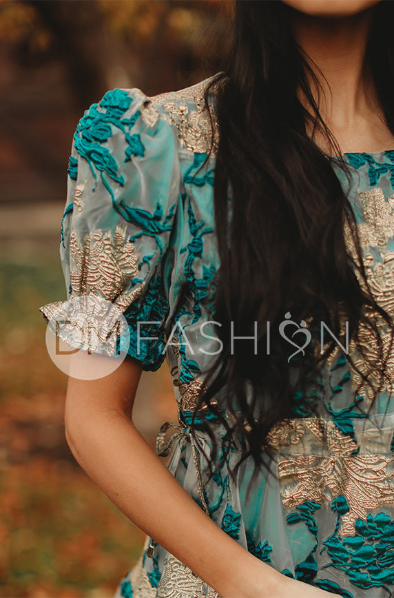 Ellis Jacquard Teal/Gold Velvet Dress - DM Exclusive - Maternity Friendly - FINAL SALE