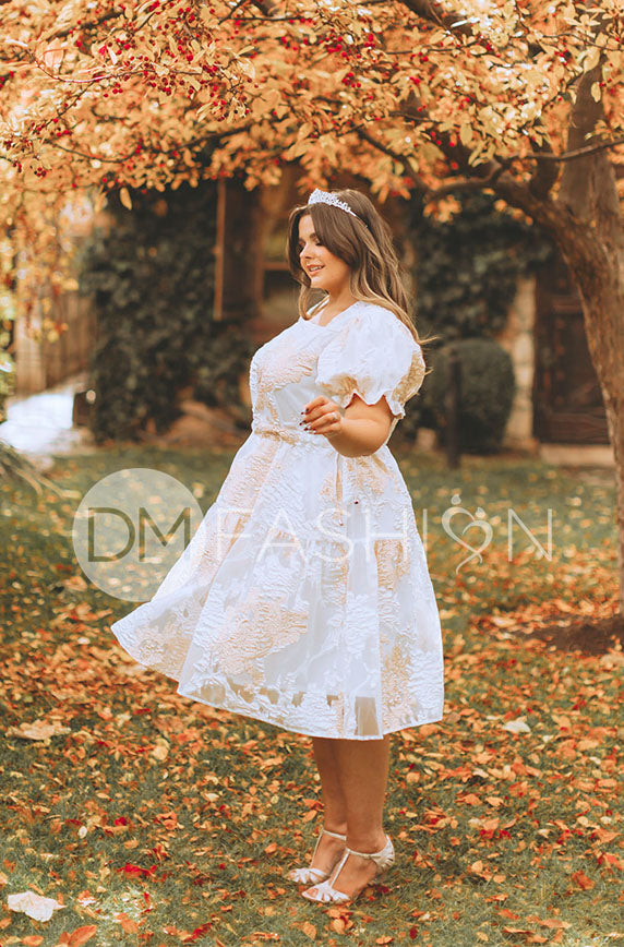 Ellis Jacquard White/Gold Velvet Dress - DM Exclusive - Maternity Friendly - FINAL SALE