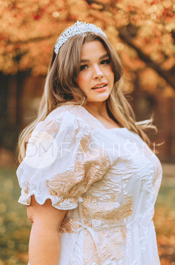 Ellis Jacquard White/Gold Velvet Dress - DM Exclusive - Maternity Friendly - FINAL SALE