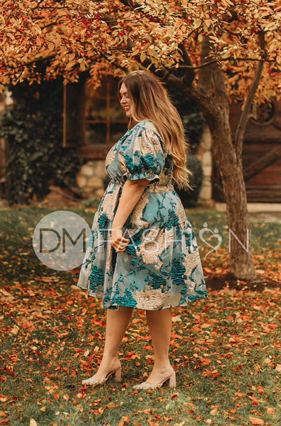 Ellis Jacquard Teal/Gold Velvet Dress - DM Exclusive - Maternity Friendly - FINAL SALE