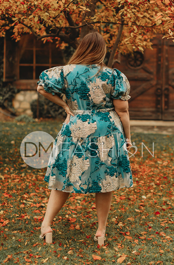 Ellis Jacquard Teal/Gold Velvet Dress - DM Exclusive - Maternity Friendly - FINAL SALE
