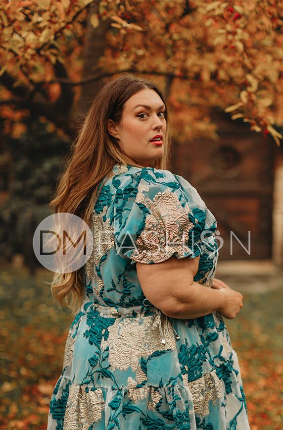 Ellis Jacquard Teal/Gold Velvet Dress - DM Exclusive - Maternity Friendly - FINAL SALE