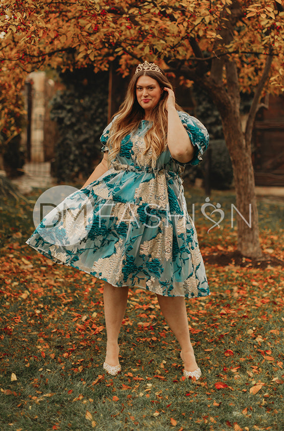 Ellis Jacquard Teal/Gold Velvet Dress - DM Exclusive - Maternity Friendly - FINAL SALE
