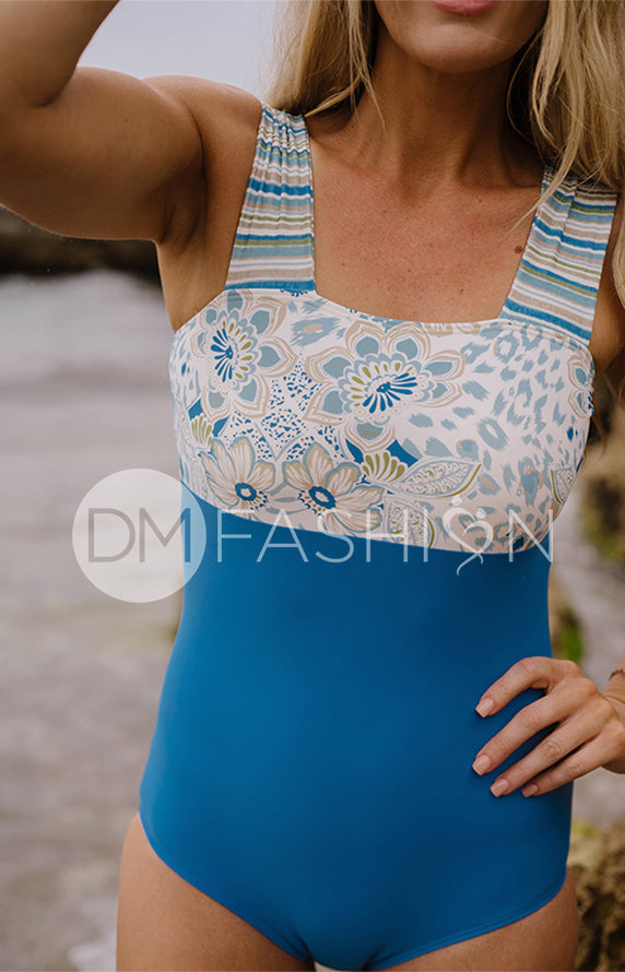 Square Neck Color Block One Piece - Jungle Garden Stripes